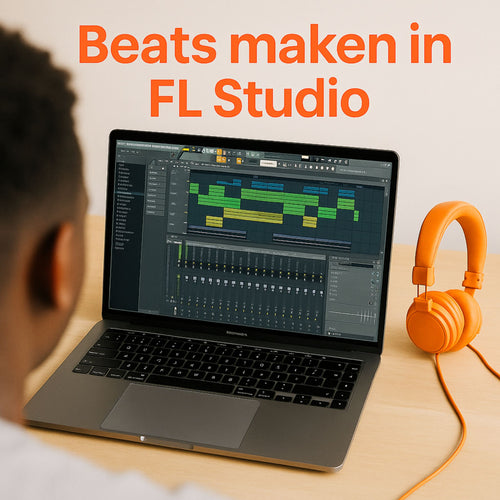 Laptop met FL Studio open en koptelefoon – visuele beginnerssetup voor muziekproductie