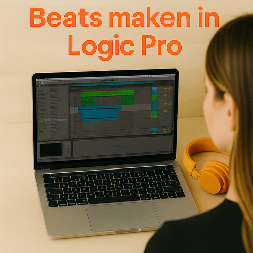 Logic Pro geopend op laptop met oranje koptelefoon – eenvoudige beginnerssetup voor muziekproductie
